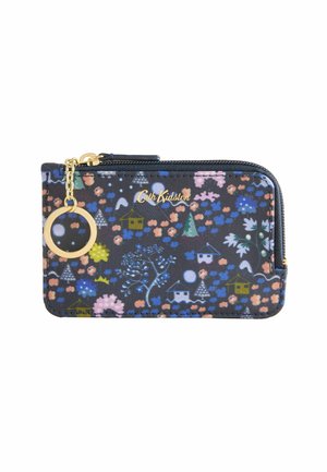 Portafoglio navy con zip, decorato con motivi floreali e della casa in rosa, blu, giallo e verde. Presenta un anello e un logo in hardware dorato.