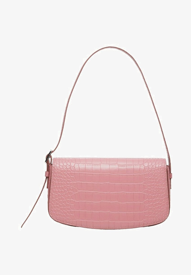 Sac à main emboutie crocodile rose avec une texture lisse, de forme rectangulaire et une seule bandoulière. Ferme avec un système magnétique.