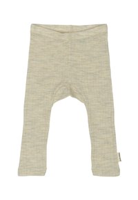 Leggings de algodón de color beige claro con un sutil patrón texturizado, cinturilla elástica y dobladillo redondeado en el tobillo. Talla para bebés o niños pequeños.