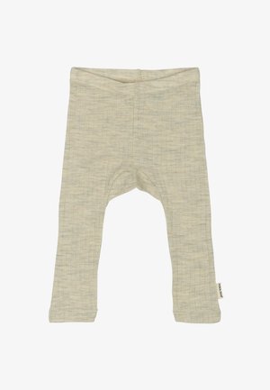 Light beige cotton leggings with a subtle textured pattern, elastic waistband, and rounded hem at the ankle. Size for infants or toddlers.