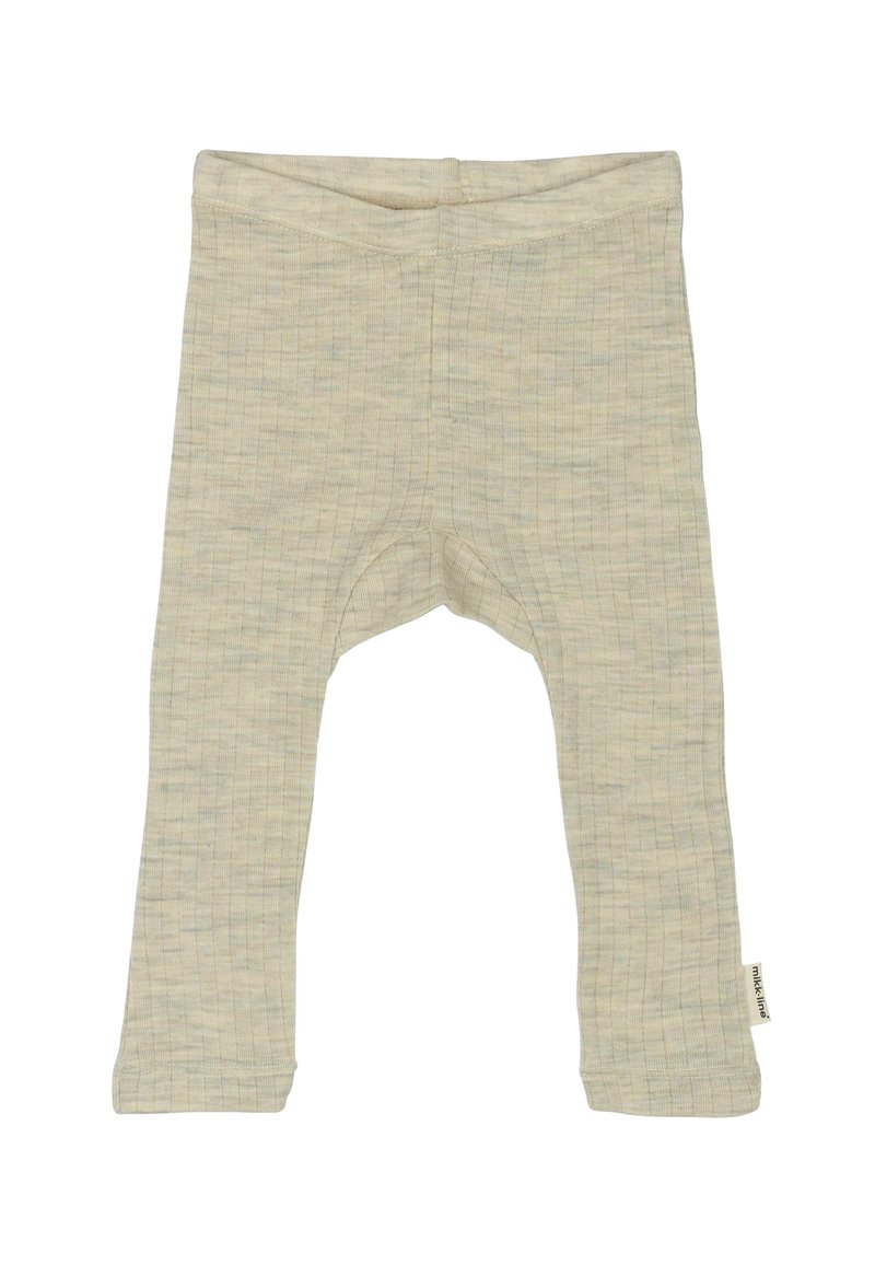 Leggings de algodón de color beige claro con un sutil patrón texturizado, cinturilla elástica y dobladillo redondeado en el tobillo. Talla para bebés o niños pequeños.