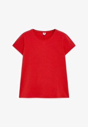 Rotes Baumwoll-T-Shirt mit kurzen Ärmeln, rundem Ausschnitt und geradem Saum, flach auf weißem Hintergrund präsentiert.