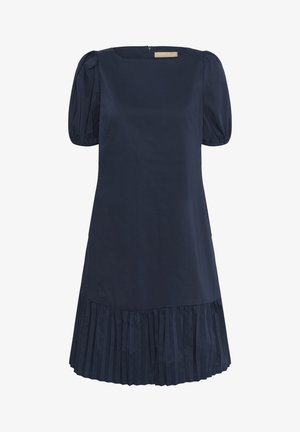 Granatowa sukienka wykonana z lekkiego materiału, z kwadratowym dekoltem, bufkami i plisowanym dolnym brzegiem. Prosty i nowoczesny design.