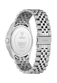 Stainless steel watch featuring a polished silver bracelet, round case, and detailed engraving on the back, water-resistant to 50 meters.