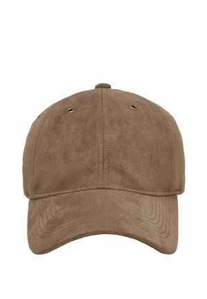 Braune Wildleder-Basecap mit gesteppten Paneelen und Belüftungsösen, von vorne gezeigt.