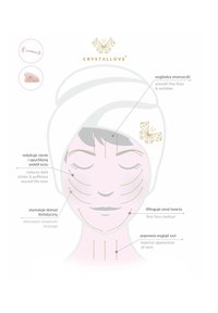 Różowa kwarcowa rolka do twarzy i gua sha, charakteryzująca się gładką powierzchnią, różowym kolorem, geometrycznym wzorem, z towarzyszącym tekstem opisującym korzyści.