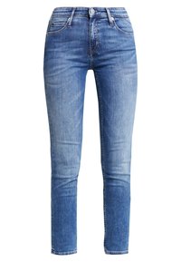 Blå denimjeans med slim fit, med medelhögt midjevående, fem fickor och lätt blekning på låren för en använd look.