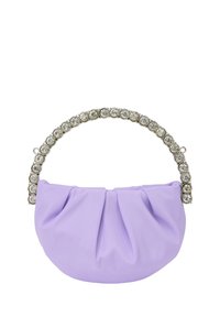Borsa a mano viola, plissettata, realizzata in tessuto morbido, con manico metallico decorato da strass rotondi trasparenti.