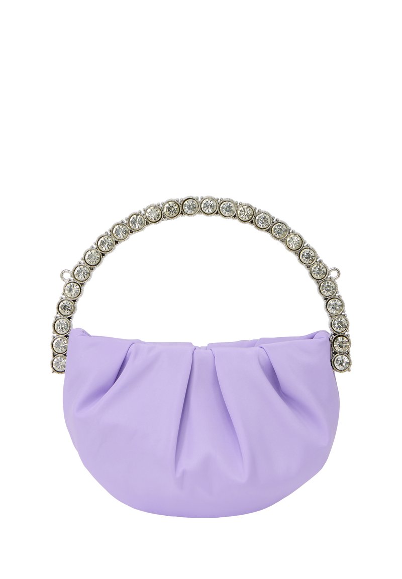 Borsa a mano viola, plissettata, realizzata in tessuto morbido, con manico metallico decorato da strass rotondi trasparenti.