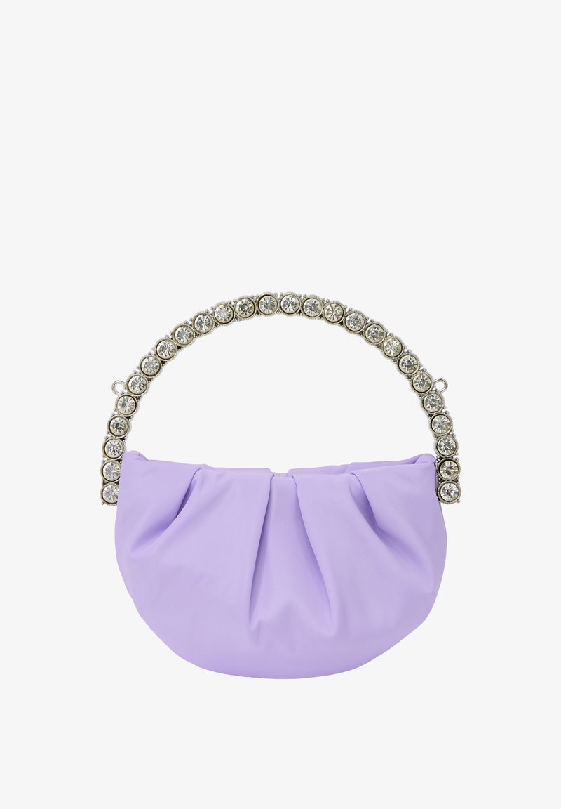 Borsa a mano viola, plissettata, realizzata in tessuto morbido, con manico metallico decorato da strass rotondi trasparenti.