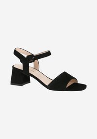 Sandalia de ante negra con punta abierta, tira en el tobillo y tacón cuadrado. Con una textura suave y un diseño minimalista.