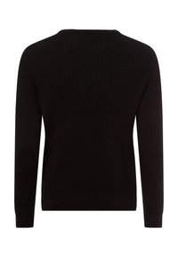 Schwarzer, gerippter Strickpullover mit Rundhalsausschnitt, langen Ärmeln und strukturierter Oberfläche. Einfaches Design ohne zusätzliche Muster oder Akzente.