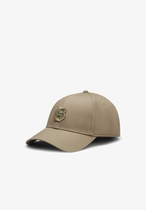 Khaki baseball cap made of fabric, featuring a structured crown, curved brim, and an embroidered logo on the front.