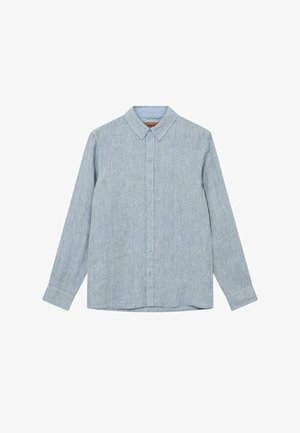 Svjetloplava košulja s dugim rukavima, kopčama i okomitim ovratnikom s gumbima, položena ravno na bijeloj pozadini.