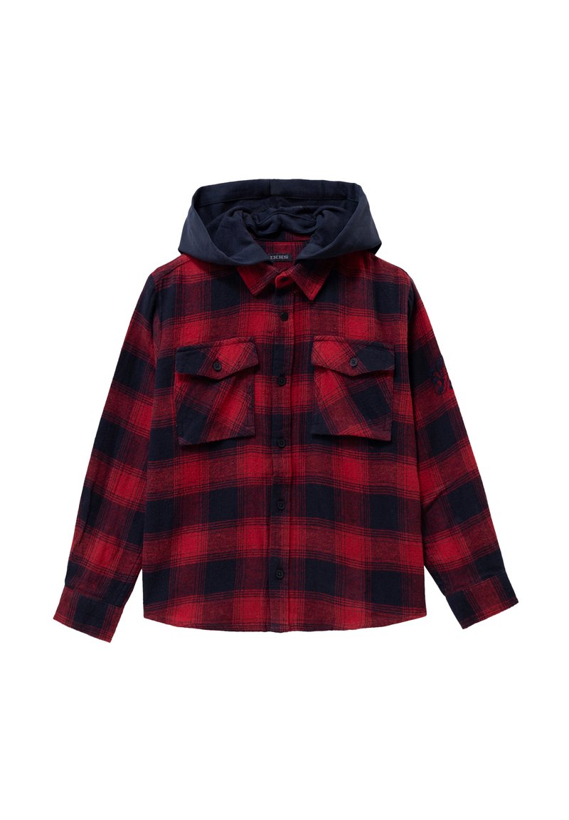 Rood en marineblauwe geruite flanellen shirt met een capuchon, voorzien van twee knoopsluitingen op de borst en een ontspannen pasvorm.