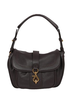 Brown leather handbag with a textured finish, top flap, gold hardware, and a short shoulder strap. Features visible stitching and a clasp.