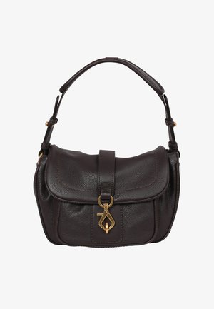 Brown leather handbag with a textured finish, top flap, gold hardware, and a short shoulder strap. Features visible stitching and a clasp.