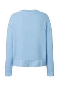 Hellblauer gestrickter Pullover mit strukturiertem Muster, rundem Ausschnitt und gerippten Bündchen sowie Saum. Lockerer Schnitt, lange Ärmel. Rückansicht.