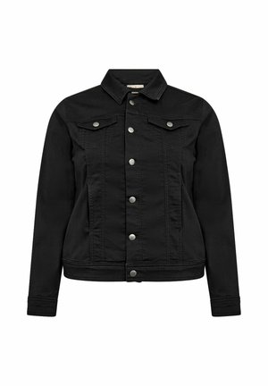Črna jeans jakna z gumbi na sprednji strani, dvema prsnikoma, klasičnim ovratnikom in oprijetim krojem. Gladka tekstura, brez vidnih vzorcev.