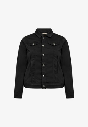 Crna traper jakna s prednjim kopčanjem na dugmad, dva džepa na prsima, klasičnom kragnom i prilagođenim krojem. Glatka tekstura, bez vidljivih uzoraka.