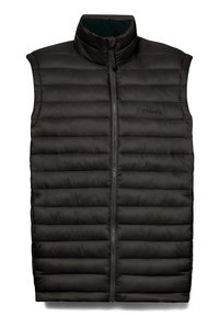 Vesta puffer neagră cu guler înalt și fermoar frontal. Prezintă panouri matlasate, izolate și un mic logo Timberland pe piept.