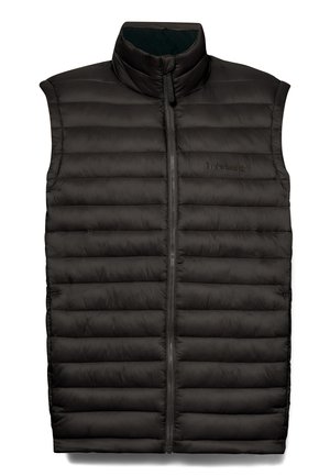 Gilet rembourré noir avec un col haut et une fermeture éclair à l'avant. Présente des panneaux matelassés et isolés ainsi qu'un petit logo Timberland sur la poitrine.