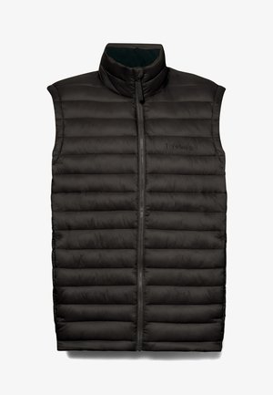 Zwarte puffer vest met een hoge kraag en een ritssluiting aan de voorkant. Bevat doorgestikte, geïsoleerde panelen en een klein Timberland-logo op de borst.
