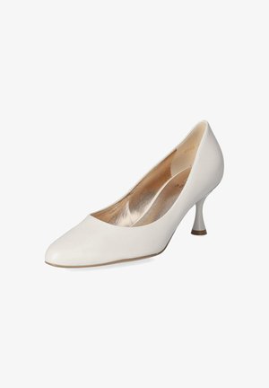Escarpin femme en cuir blanc avec bout arrondi et talon moyen incurvé, doublure intérieure métallique, présenté sur fond blanc.