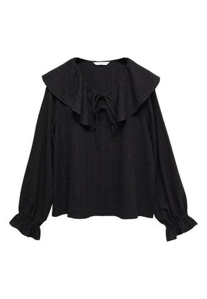 Schwarze Langarmbluse mit großem, gerafftem Kragen, Frontbindedetail und gerafften Manschetten aus strukturiertem Stoff.