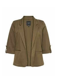 Olivgrüner Blazer aus weichem Stoff, mit Reverskragen, hochrollbaren Ärmeln und zwei Fronttaschen ohne Knopf oder Verschluss.