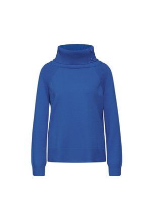 Pull bleu avec un col haut texturé et des accents de bouton. Présente une coupe décontractée et des poignets et un ourlet côtelés. Texture du tissu lisse.