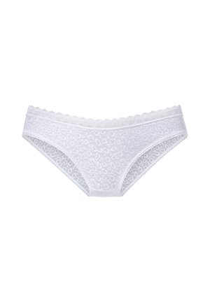 White lace women's bikini panties with a subtle floral pattern and scalloped trim along the waistband on a white background.