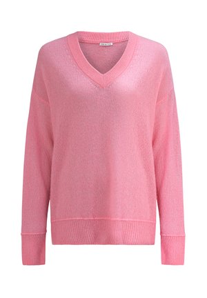 Zachtroze V-hals trui met lange mouwen, geribbelde manchetten en zoom, gebreide stof, losse pasvorm.