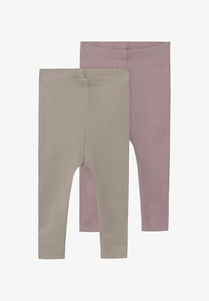 Zwei Paar gerippte Leggings. Eine in Hellgrau und die andere in Sanftrosa. Beide haben ein tailliertes Design und elastische Taillenbünde.