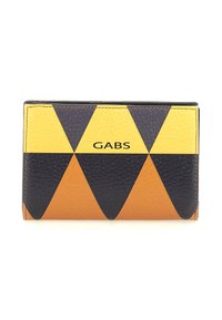 Portafoglio in pelle con un motivo geometrico di triangoli gialli, neri e marroni e il nome del marchio "GABS" sul davanti.