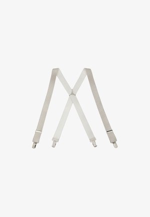White adjustable suspenders with textured straps and metal clips. The design features a V-shape at the back with a smooth finish.