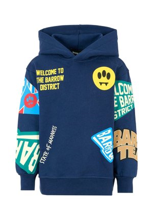 Felpa con cappuccio blu navy con stampe grafiche, tra cui faccine sorridenti, testi e accenti a motivo nei colori giallo, rosso, verde e blu.