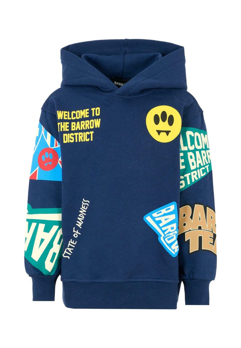 Felpa con cappuccio blu navy con stampe grafiche, tra cui faccine sorridenti, testi e accenti a motivo nei colori giallo, rosso, verde e blu.
