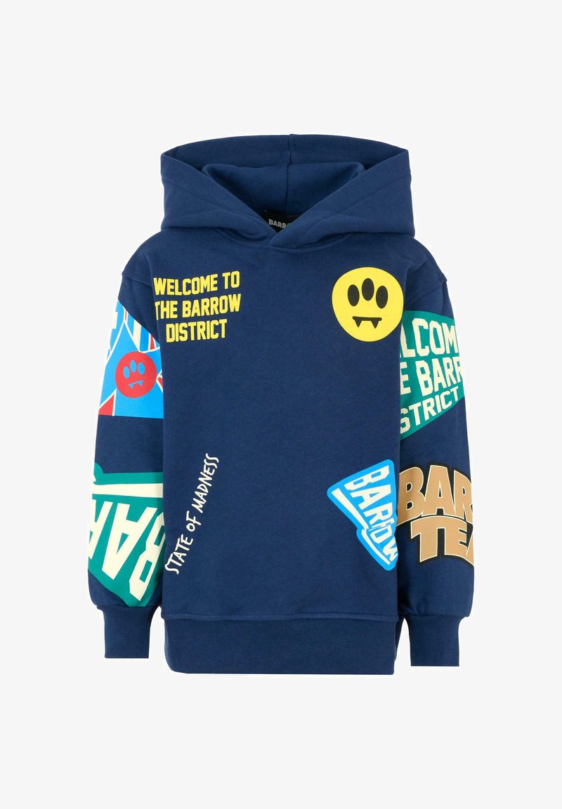 Felpa con cappuccio blu navy con stampe grafiche, tra cui faccine sorridenti, testi e accenti a motivo nei colori giallo, rosso, verde e blu.