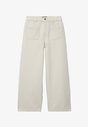 Pantalon large taille haute de couleur blanc cassé avec poches plaquées à l'avant, fermeture à bouton, passants pour ceinture et coutures surpiquées.
