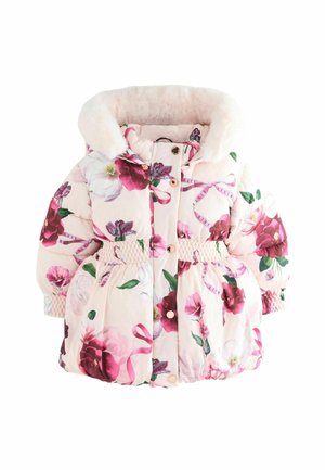 Veste rose à motif floral pour tout-petit avec taille élastique et capuche doublée en fausse fourrure, équipée de boutons-pression et d’imprimés floraux éclatants.