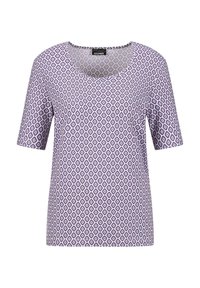 T-shirt à manches courtes violet avec un motif de diamants en blanc et violet foncé, avec un décolleté en scoop et une texture de tissu douce et lisse.