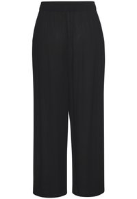 Schwarze Culottes mit weit und lässig fallendem Schnitt. Hergestellt aus leichtem Stoff, mit einem elastischen Bund für Komfort und einfachen Tragekomfort.