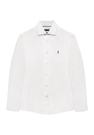 Weißes langärmliges Hemd mit Knöpfen und Kragen sowie kleinem dunkelblau besticktem Polospieler-Logo auf der linken Brust.
