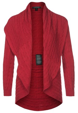Cardigan en maille rouge avec motif torsadé, ouverture devant, manches longues et col châle, conçu pour les femmes.