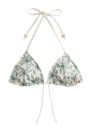 Top bikini triangolare bianco con motivo a foglie verdi, laccetti allacciati al collo con charm a forma di palma dorati e chiusura frontale con nodo.