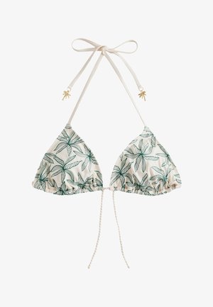 Top bikini triangolare bianco con motivo a foglie verdi, laccetti allacciati al collo con charm a forma di palma dorati e chiusura frontale con nodo.
