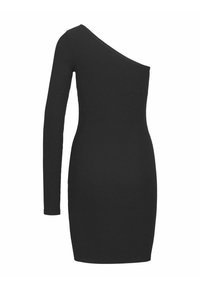 Robe noire côtelée avec un décolleté asymétrique, une manche longue d'un côté et une silhouette ajustée, convient à diverses occasions.