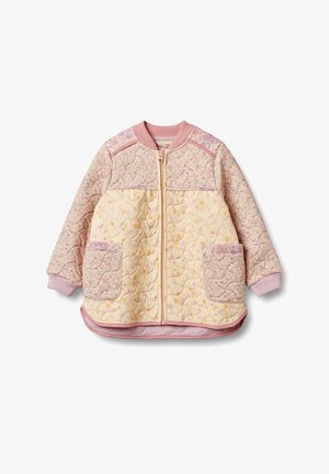 Kaput za bombarder s kvačastim uzorkom u pastelno žutoj i ružičastoj boji, s cvjetnim uzorcima, rebrastim manžetama i ovratnikom, prednjim zatvaračem i dva bočna džepa.