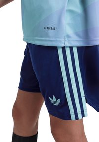 Adidas t-paita lyhyillä hihoilla vaaleansininen, tekstuurilla sininen gradientti, yhdistetty tummansinisiin shortsihin, joissa on vaaleansininen reunus ja logo-korostuksia.